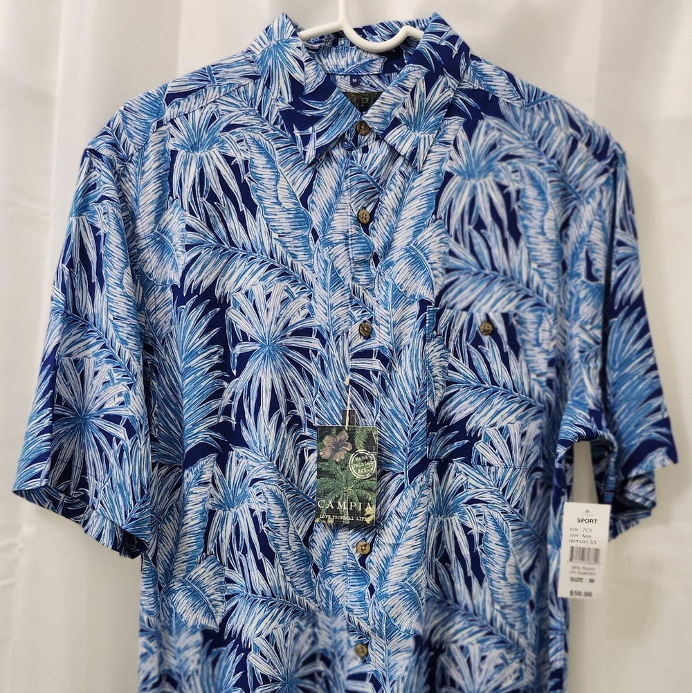 Campia Navy Blue Tropical Print Men's Shirt Sport Hawaiian Medium